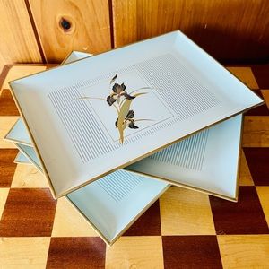Vintage Set of 4 Otagiri Grand Iris Lacquerware Tray Plates White | Gold